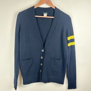 J.Crew Wool Varsity Cardigan Sweater Navy Yellow Stripes sz S Collegiate Y2K